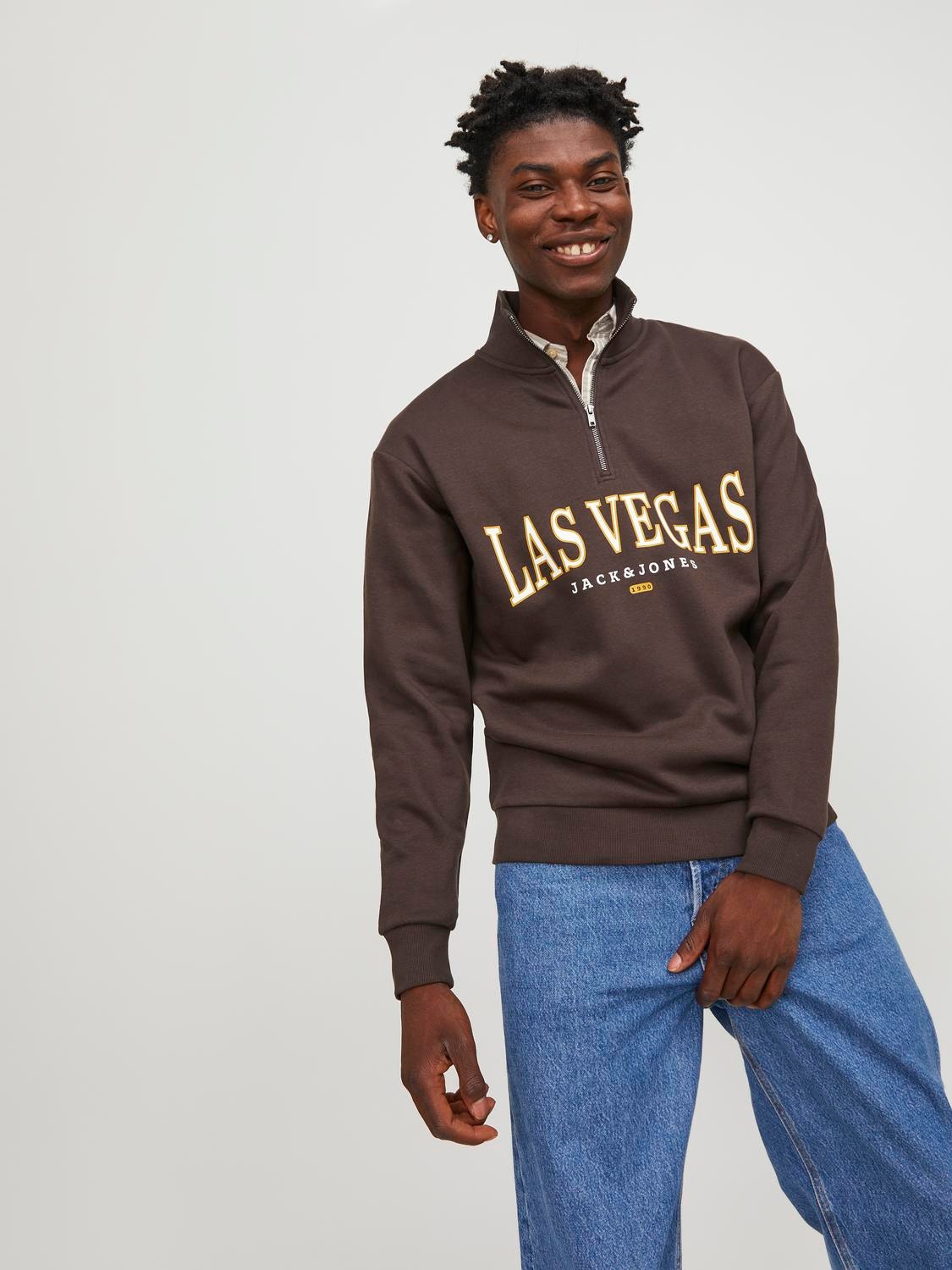 Jack & Jones Printet Sweatshirt med halv lynlås -Seal Brown - 12257392