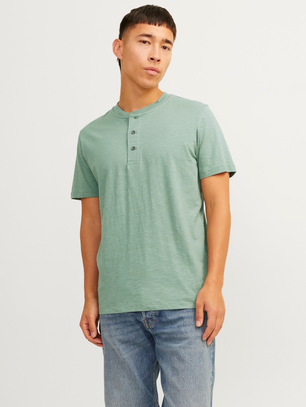 Jack & Jones Gładki Dekolt chiński T-shirt -Lily Pad - 12257965