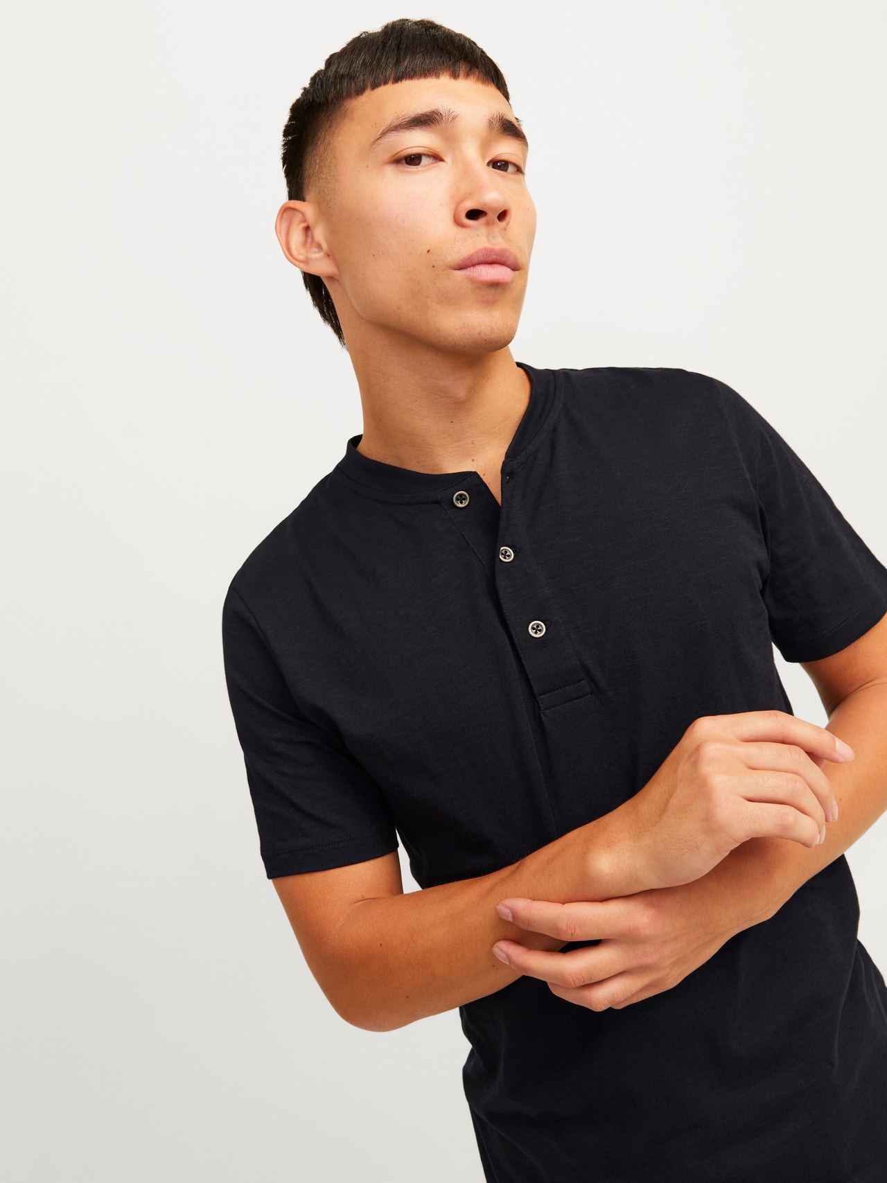 Jack & Jones Ühevärviline Hiina kaelus T-särk -Black - 12257965