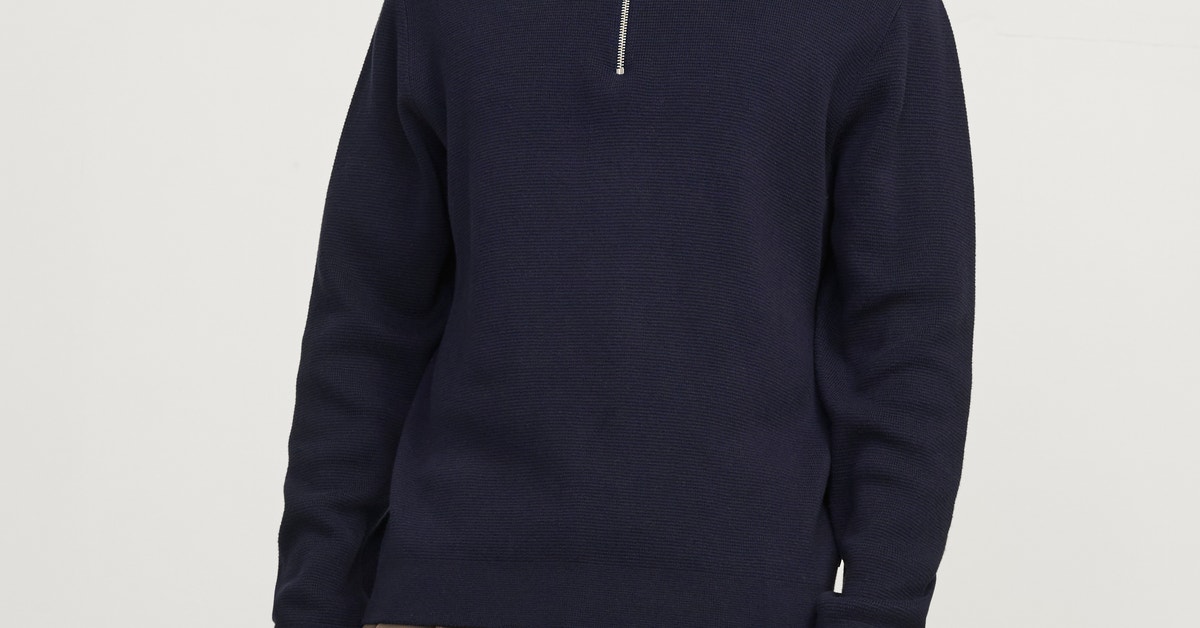 Pull Homme Peregrine En Laine Bleu Marine, Fabrication Anglaise, Col Montant 1/4 Zip, Taille L