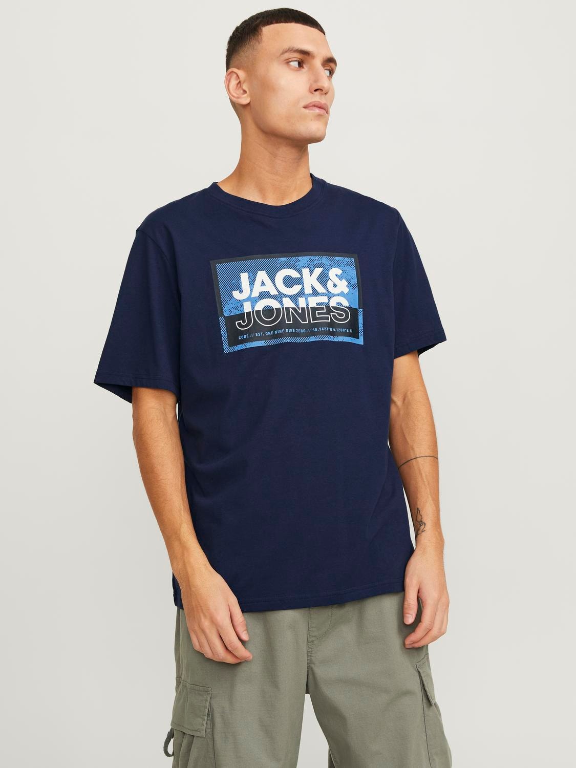 Jack & Jones 3-pakuotės Spausdintas raštas Apskritas kaklas Marškinėliai -Navy Blazer - 12260780