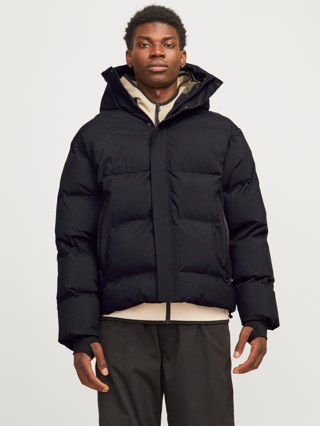 Jack & Jones puffer jacket with hood in black Jack & Jones puffer jacket with hood in black