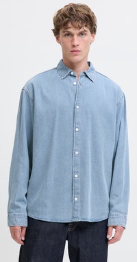Jack & Jones denim revere collar short sleeve shirt in mid blue wash Jack & Jone