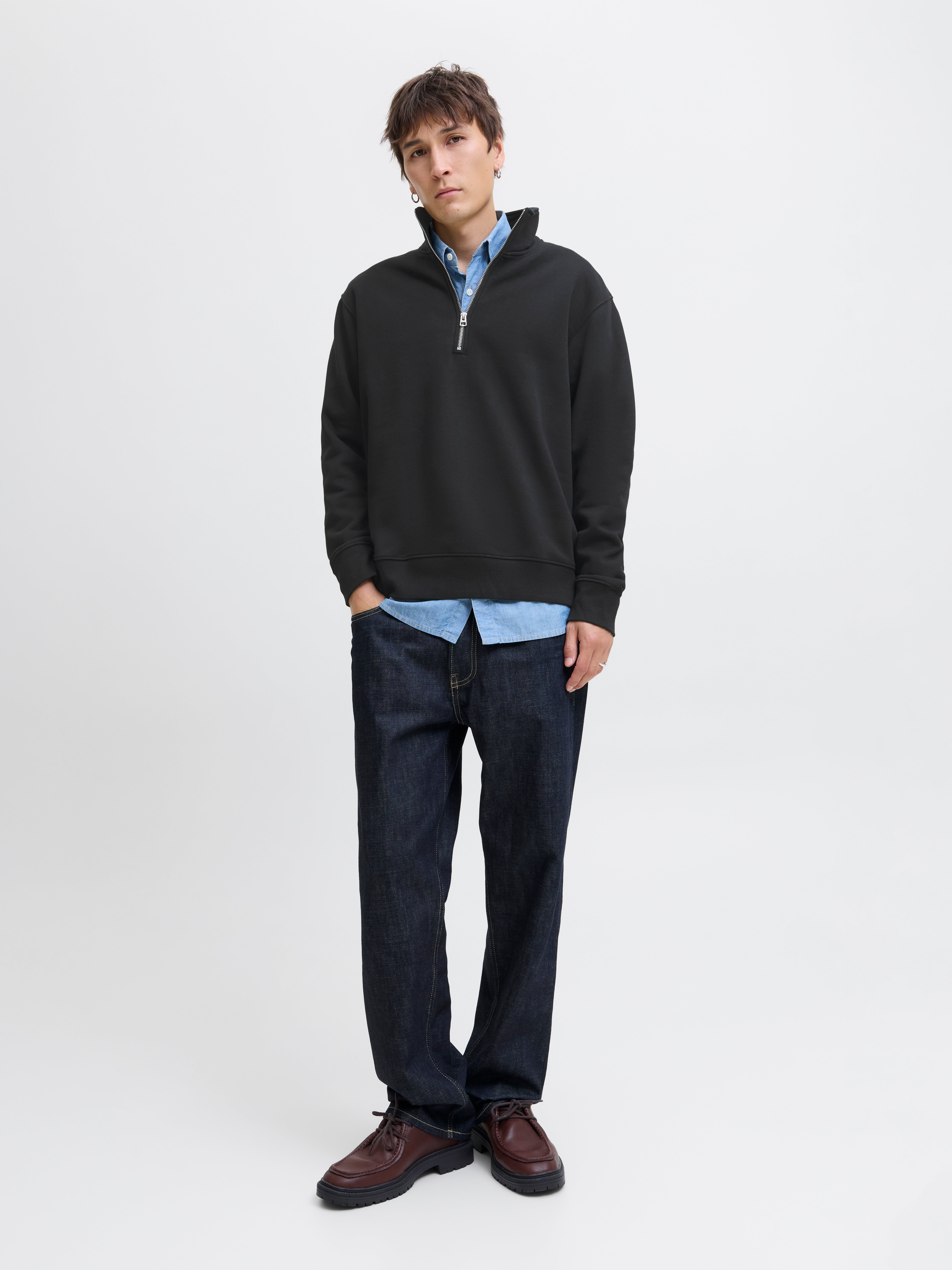 Thumbnail - Einfarbig Sweatshirt Mit Halbem Reißverschluss